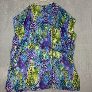 Ashro Womens Tunic Top High Low Sheer‎ One Size Blue Multi-Colors Art To Wear